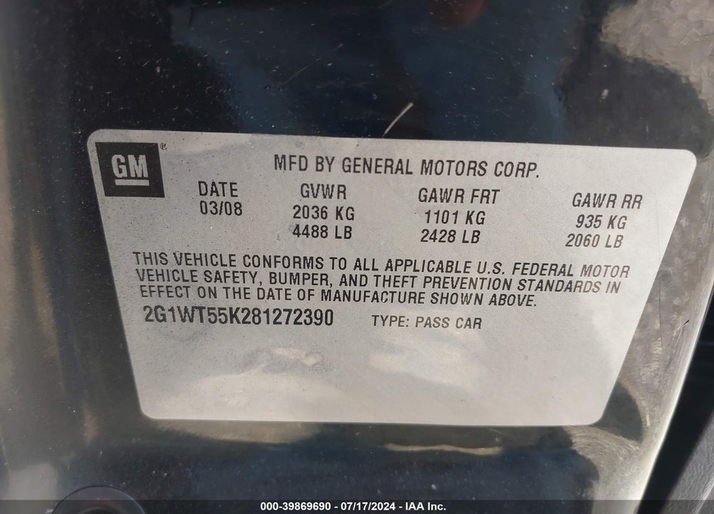 2008 CHEVROLET IMPALA LT VIN: 2G1WT55K281272390