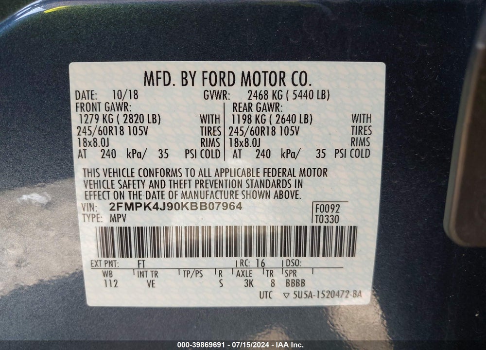 2019 FORD EDGE SEL VIN: 2FMPK4J90KBB07964