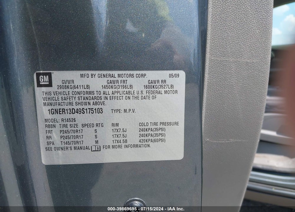 2009 CHEVROLET TRAVERSE VIN: 1GNER13D49S175103