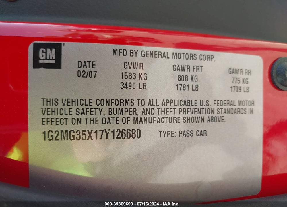 2007 PONTIAC SOLSTICE GXP VIN: 1G2MG35X17Y126680
