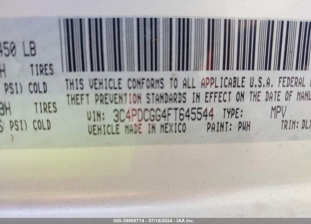 2015 DODGE JOURNEY CROSSROAD VIN: 3C4PDCGG4FT645544