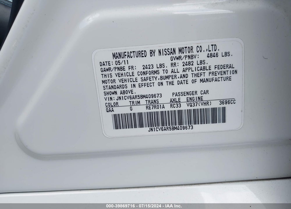 2011 INFINITI G37X VIN: JN1CV6AR5BM409673