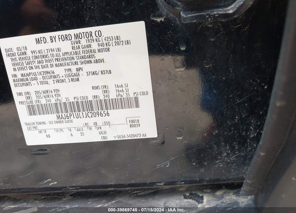 2018 FORD ECOSPORT SE VIN: MAJ6P1UL1JC209656