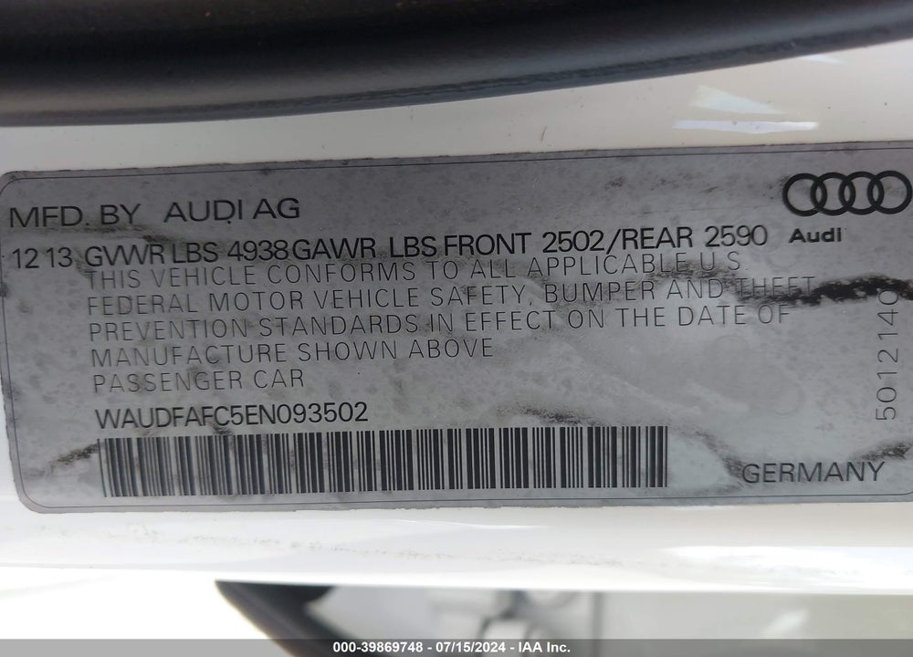 2014 AUDI A6 2.0T PREMIUM VIN: WAUDFAFC5EN093502