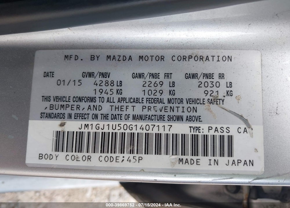 2016 MAZDA 6 I SPORT VIN: JM1GJ1U50G1407117