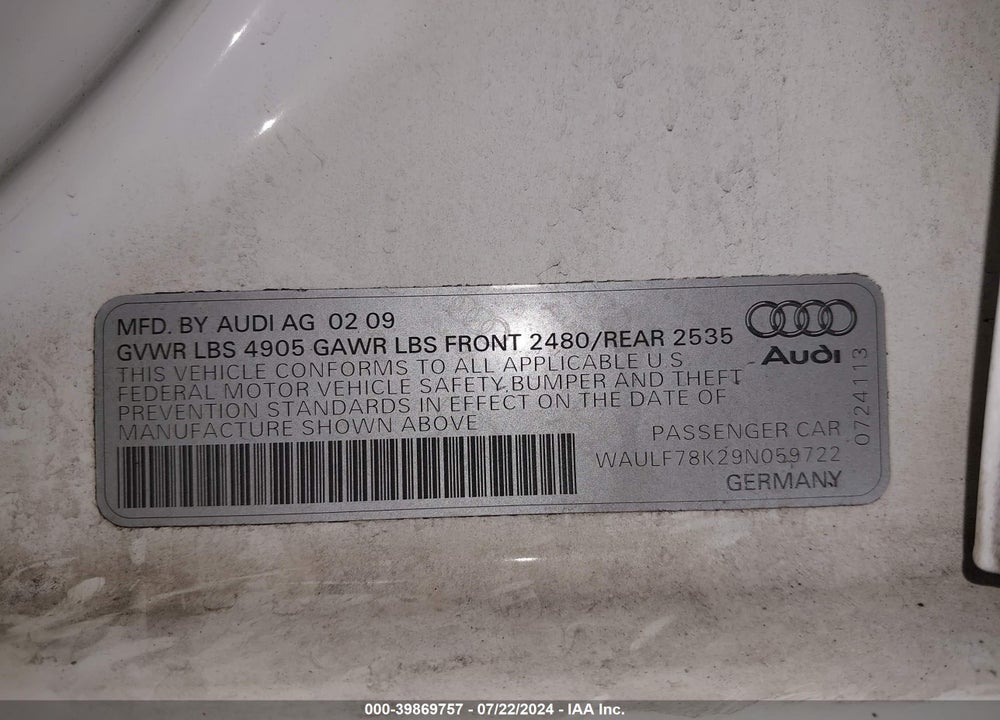 2009 AUDI A4 2.0T PREMIUM VIN: WAULF78K29N059722