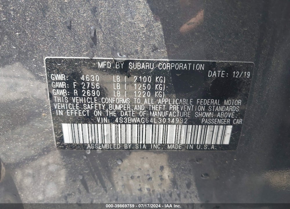 2020 SUBARU LEGACY SPORT VIN: 4S3BWAG64L3014932