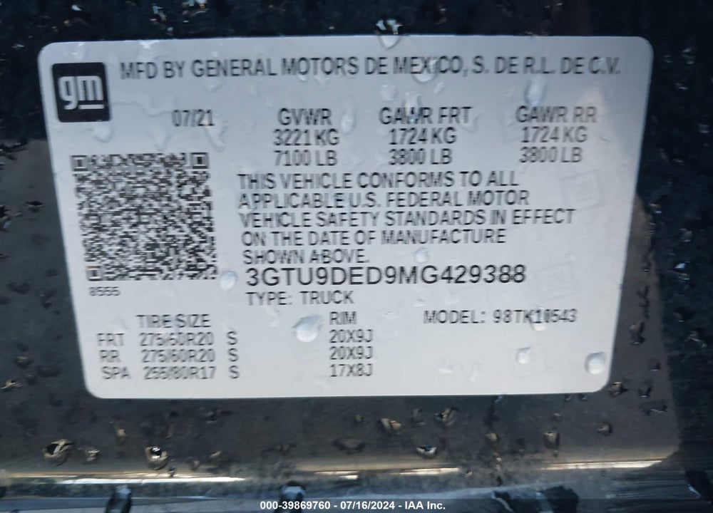 2021 GMC SIERRA 1500 4WD SHORT BOX SLT VIN: 3GTU9DED9MG429388