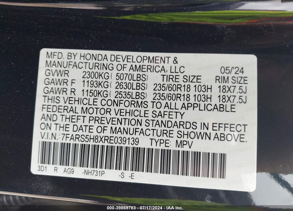 2024 HONDA CR-V HYBRID SPORT-L VIN: 7FARS5H8XRE039139
