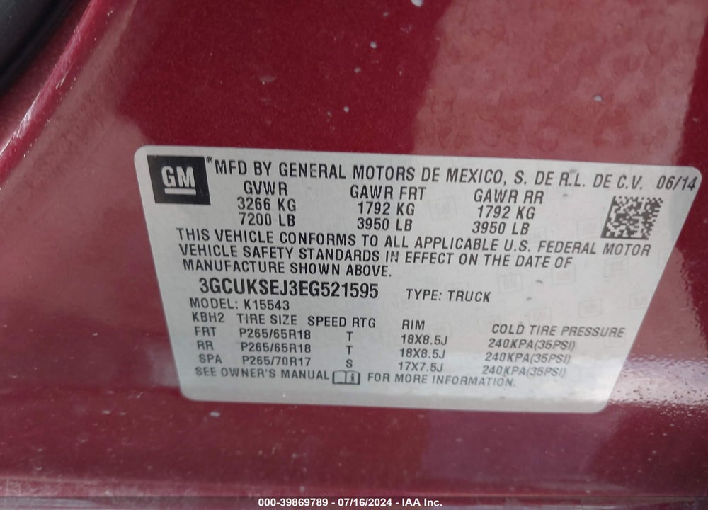 2014 CHEVROLET SILVERADO 1500 VIN: 3GCUKSEJ3EG521595
