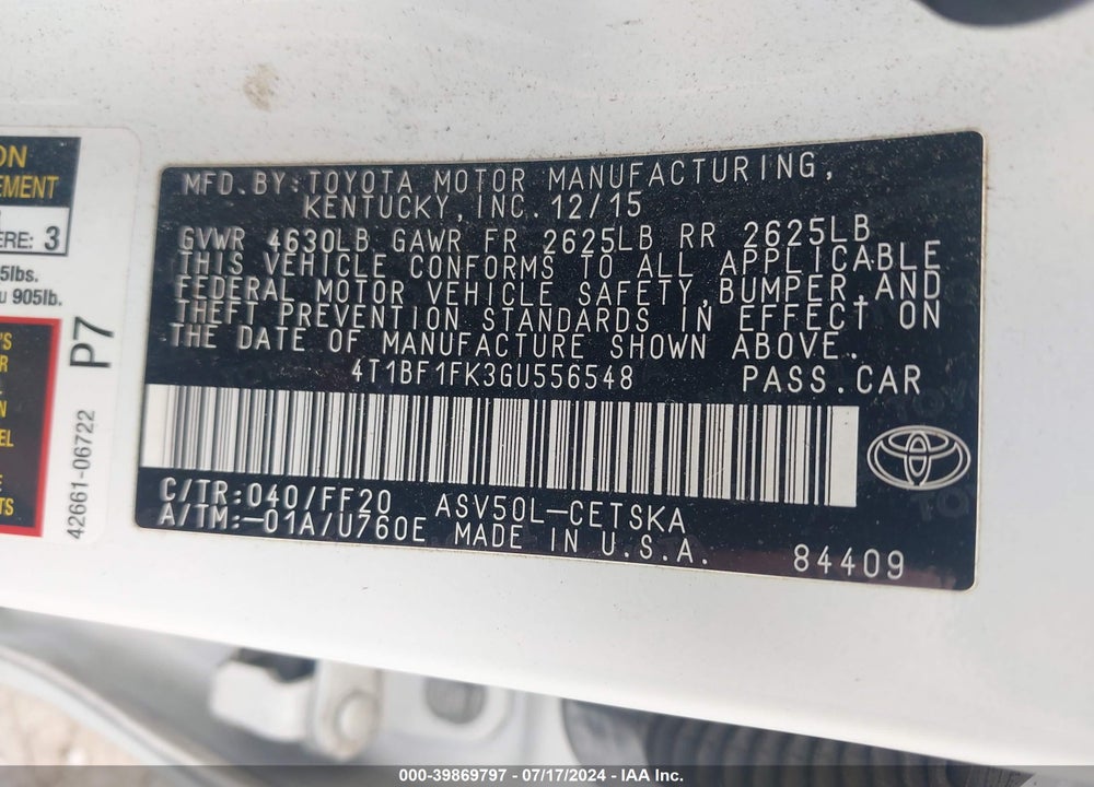 2016 TOYOTA CAMRY SE VIN: 4T1BF1FK3GU556548