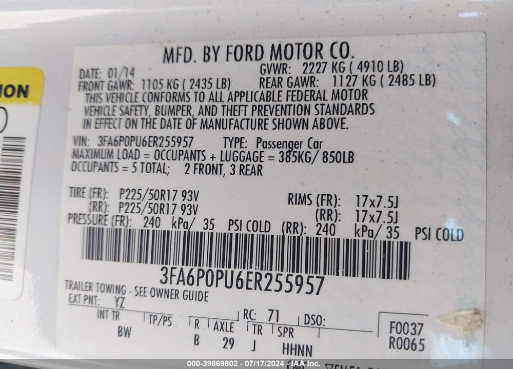 2014 FORD FUSION ENERGI VIN: 3FA6P0PU6ER255957