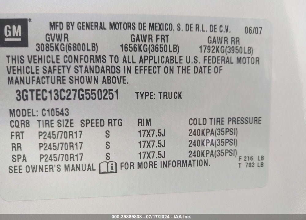 2007 GMC SIERRA 1500 SL VIN: 3GTEC13C27G550251