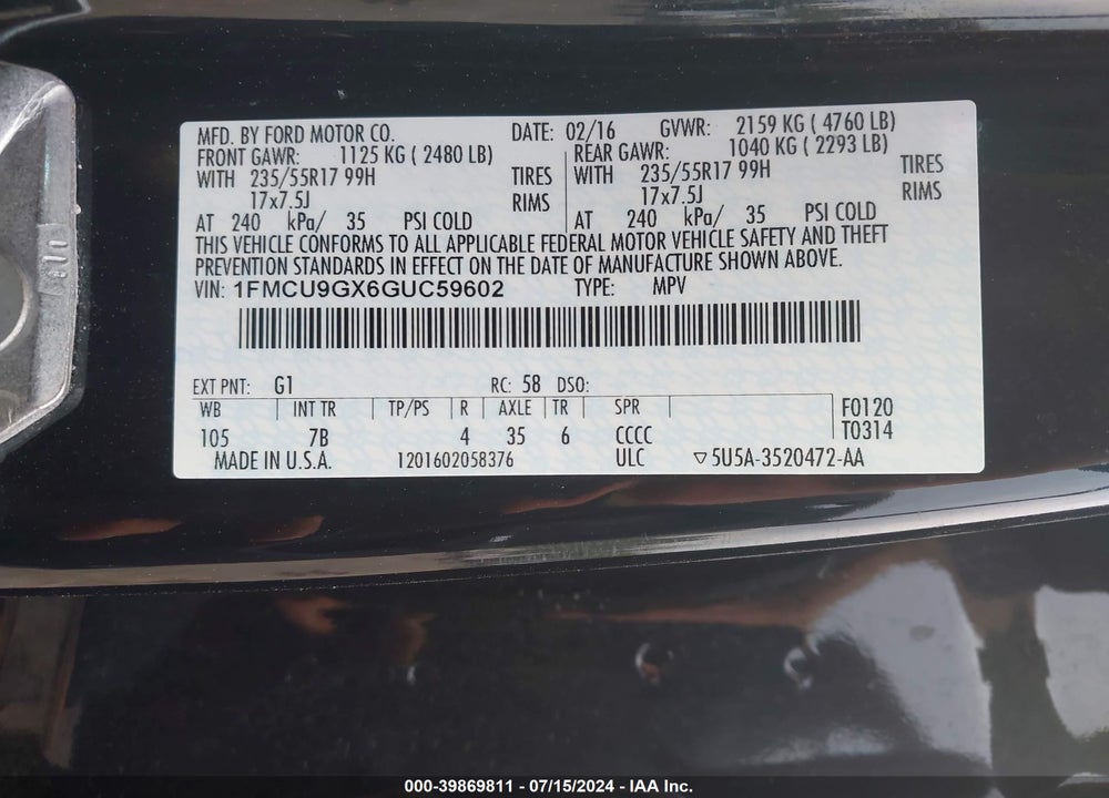 2016 FORD ESCAPE SE VIN: 1FMCU9GX6GUC59602