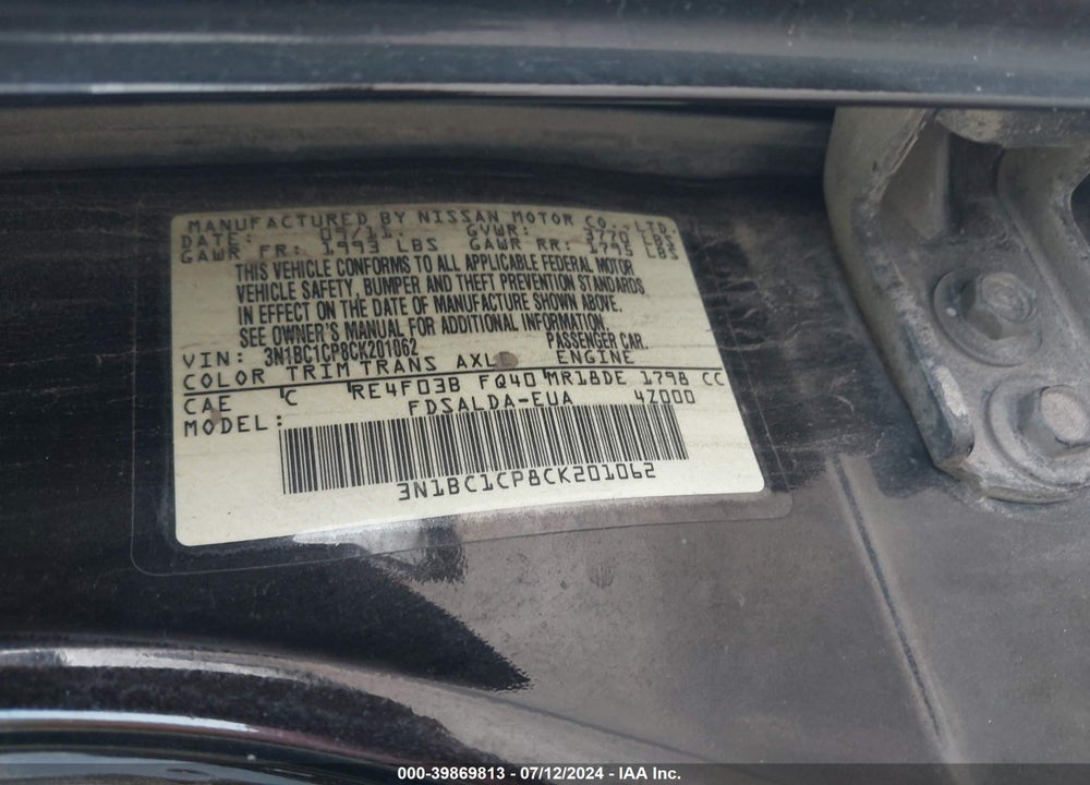 2012 NISSAN VERSA 1.8 S VIN: 3N1BC1CP8CK201062