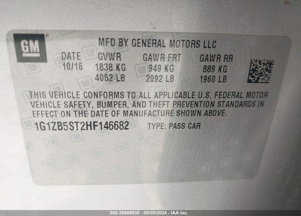 2017 CHEVROLET MALIBU LS VIN: 1G1ZB5ST2HF146682