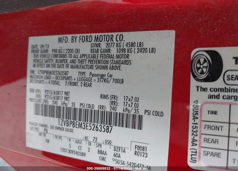 2014 FORD MUSTANG V6 VIN: 1ZVBP8EM3E5263587