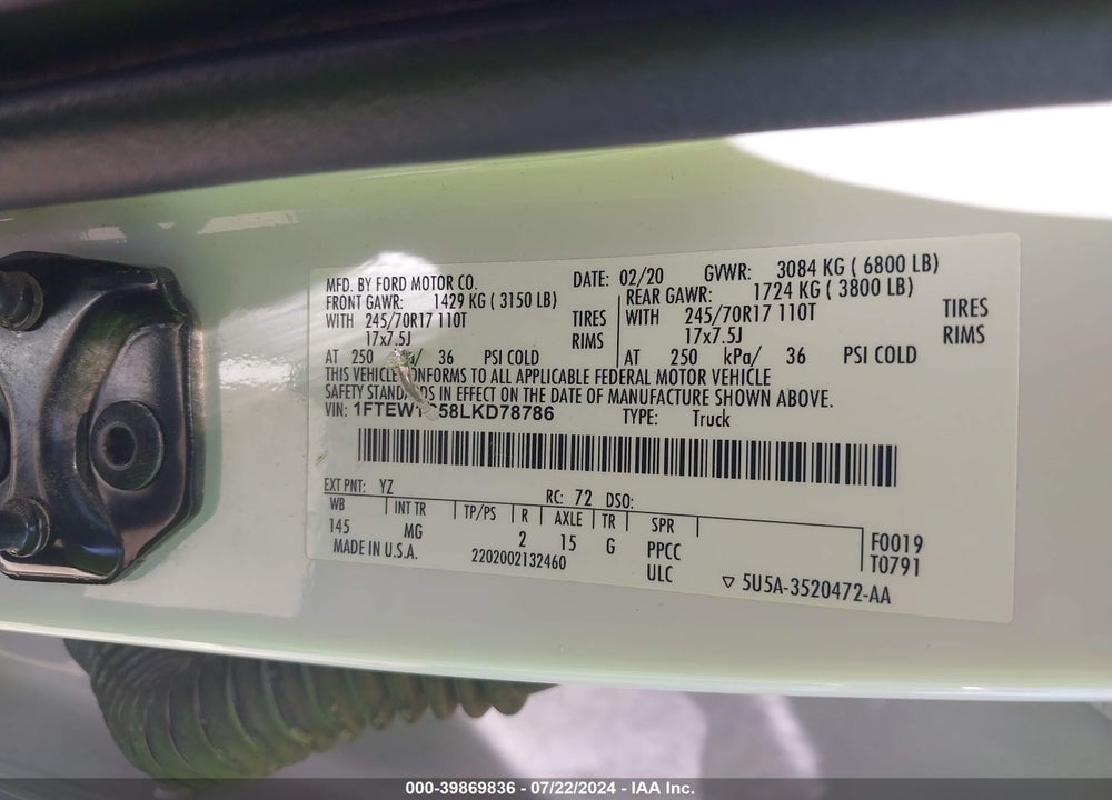 2020 FORD F-150 XLT VIN: 1FTEW1C58LKD78786