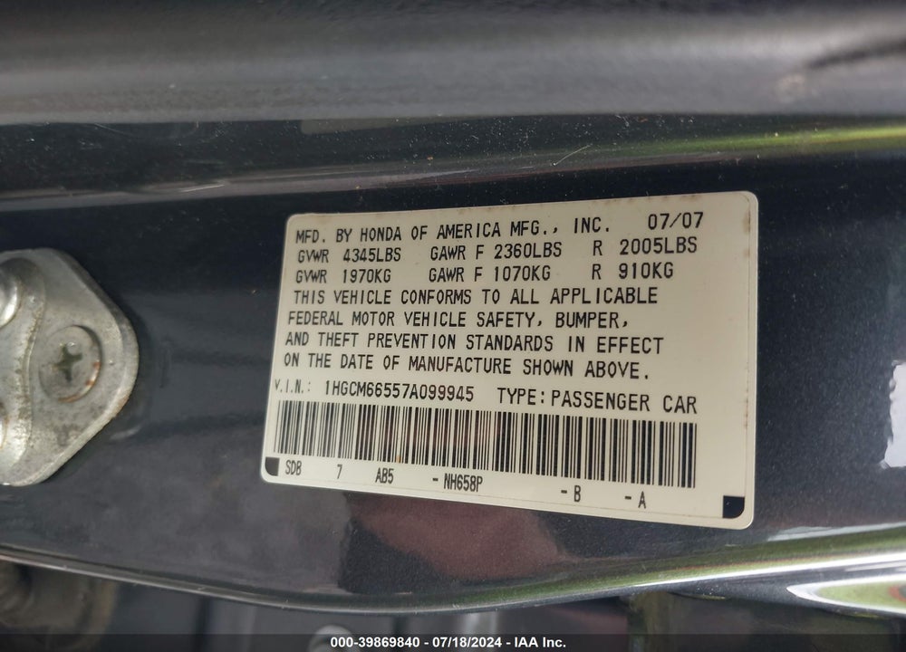 2007 HONDA ACCORD 3.0 EX VIN: 1HGCM66557A099945