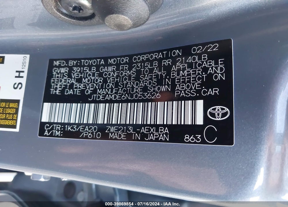 2022 TOYOTA COROLLA HYBRID LE VIN: JTDEAMDE6NJ053626