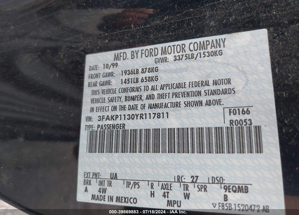 2000 FORD ESCORT ZX2 VIN: 3FAKP1130YR117811