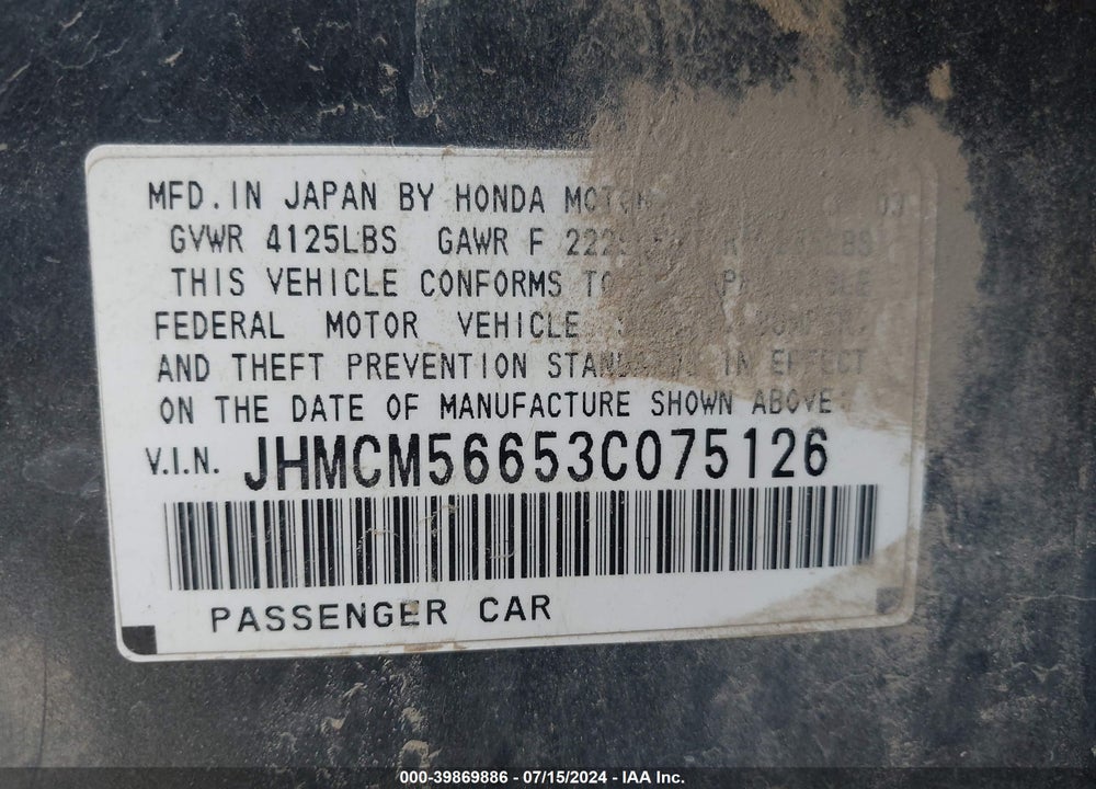2003 HONDA ACCORD 2.4 EX VIN: JHMCM56653C075126