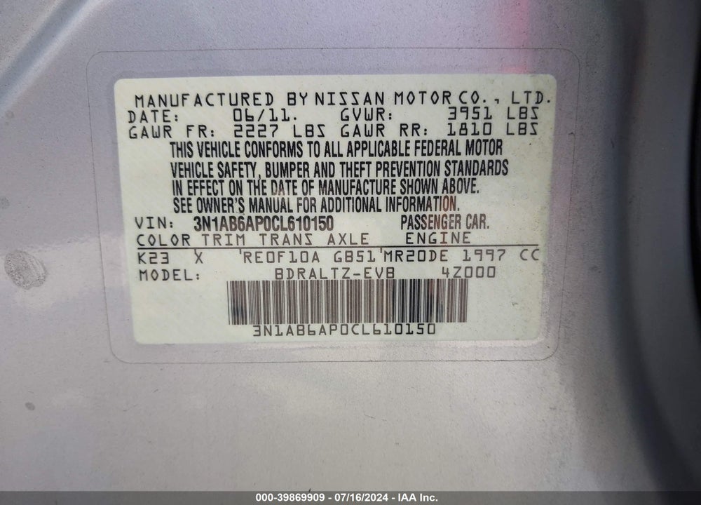 2012 NISSAN SENTRA 2.0 S VIN: 3N1AB6AP0CL610150