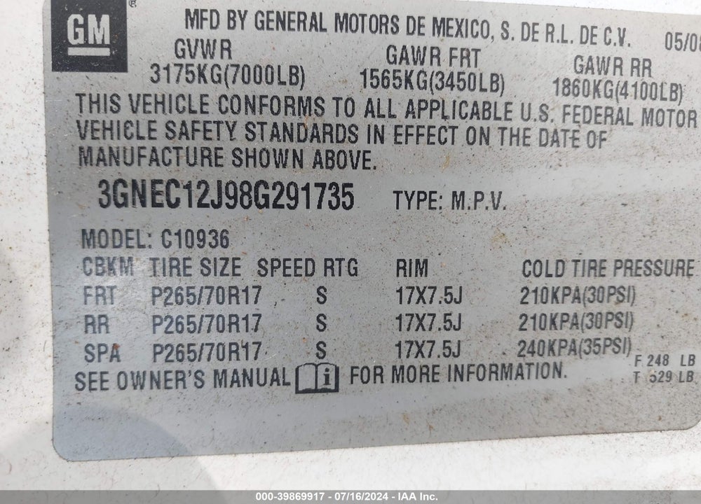 2008 CHEVROLET AVALANCHE 1500 LT VIN: 3GNEC12J98G291735