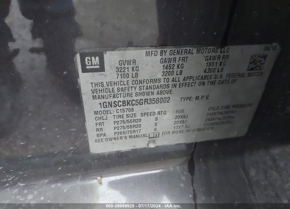2016 CHEVROLET TAHOE LT VIN: 1GNSCBKC5GR358002