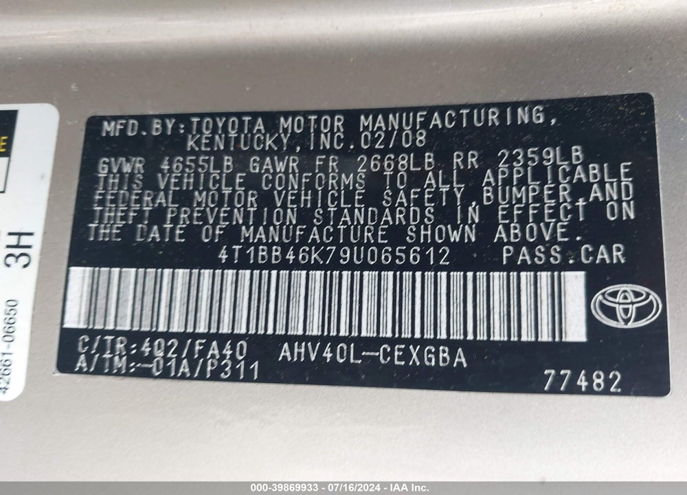 2009 TOYOTA CAMRY HYBRID VIN: 4T1BB46K79U065612