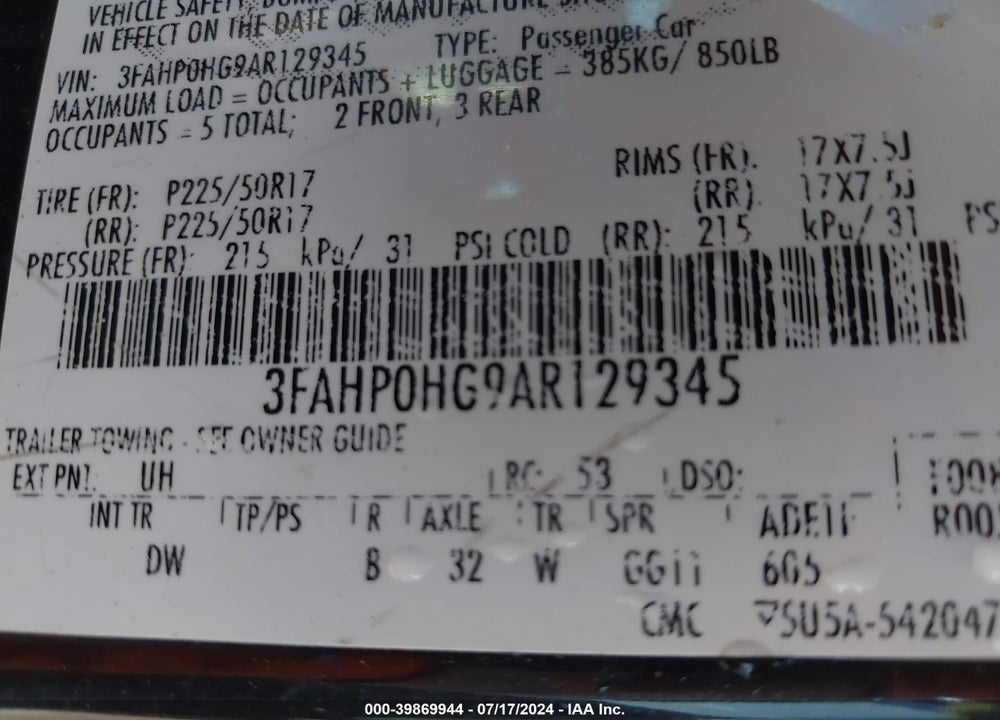 2010 FORD FUSION VIN: 3FAHP0HG9AR129345