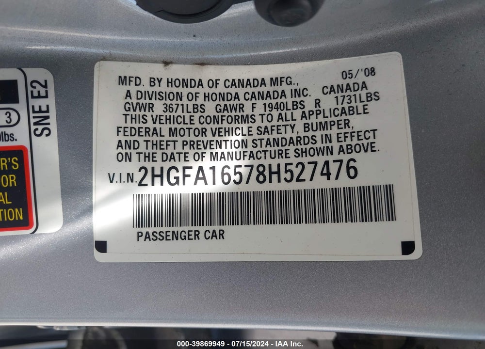 2008 HONDA CIVIC LX VIN: 2HGFA16578H527476