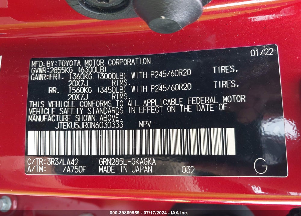 2022 TOYOTA 4RUNNER LIMITED VIN: JTEKU5JR0N6030333