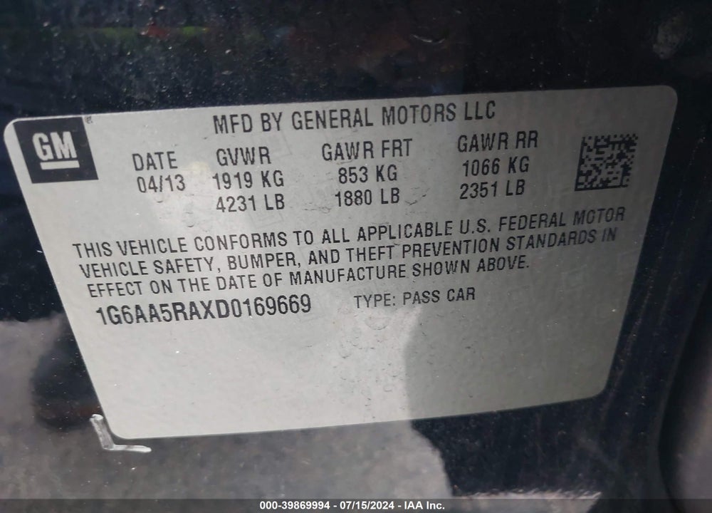 2013 CADILLAC ATS STANDARD VIN: 1G6AA5RAXD0169669
