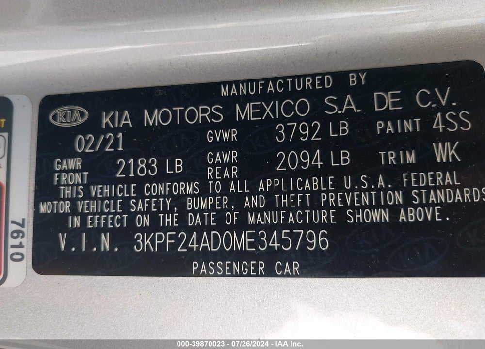 2021 KIA FORTE LXS VIN: 3KPF24AD0ME345796