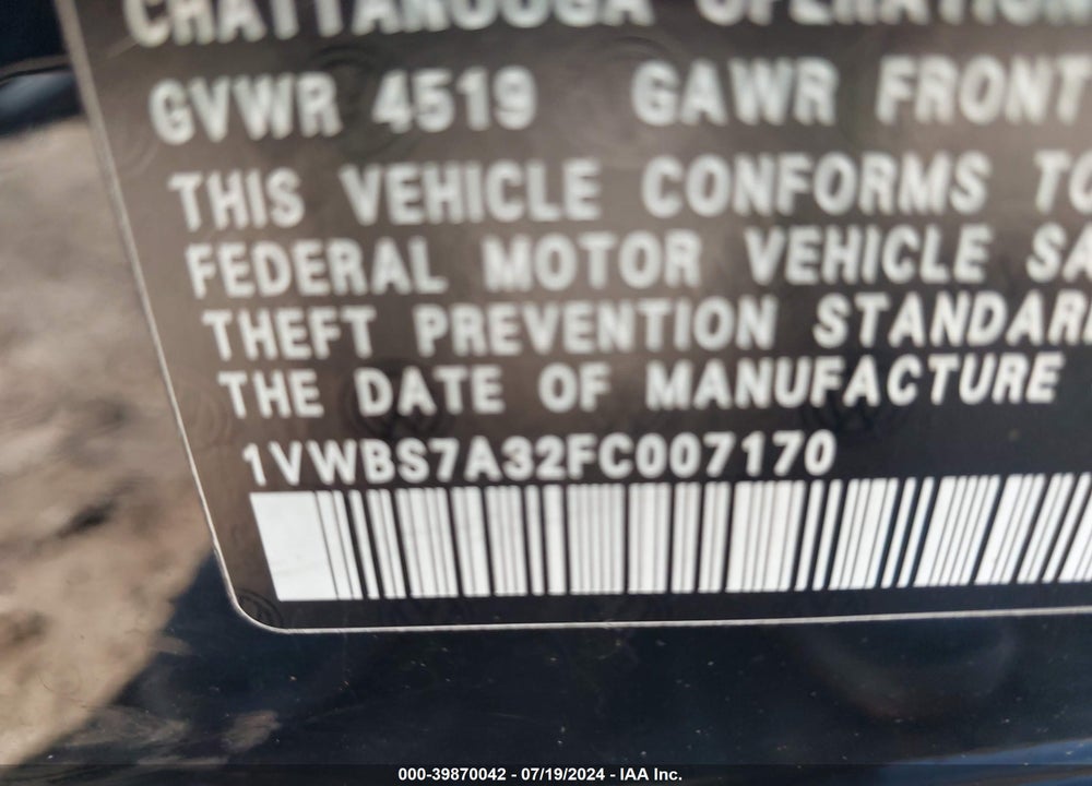 2015 VOLKSWAGEN PASSAT 1.8T SE VIN: 1VWBS7A32FC007170