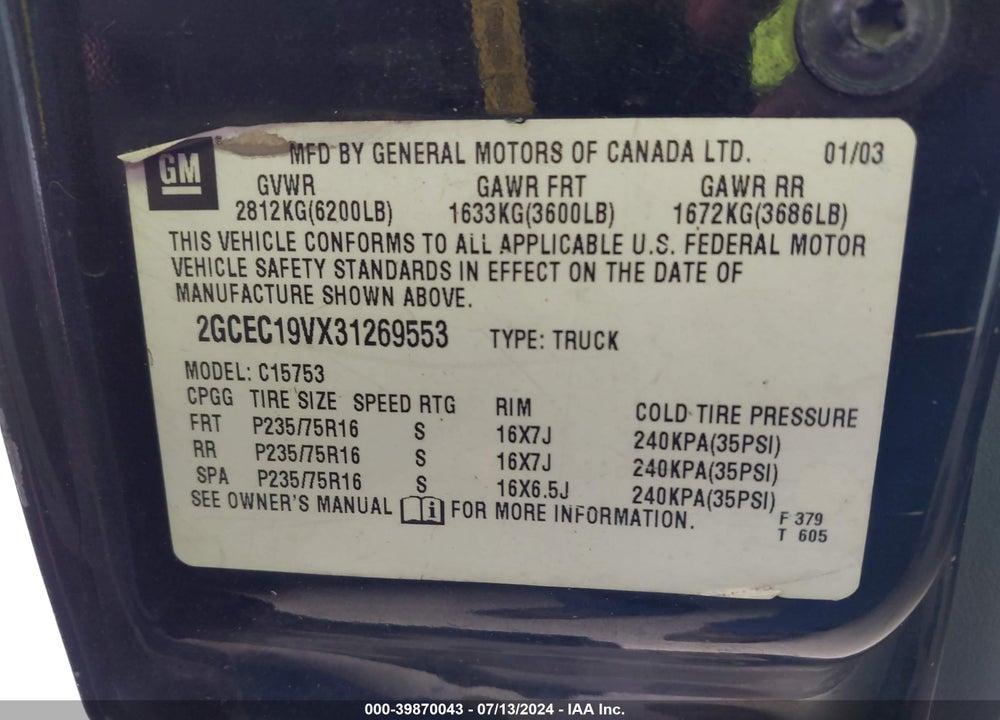 2003 CHEVROLET SILVERADO 1500 LS VIN: 2GCEC19VX31269553