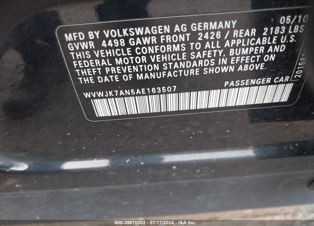 2010 VOLKSWAGEN PASSAT KOMFORT VIN: WVWJK7AN5AE163507