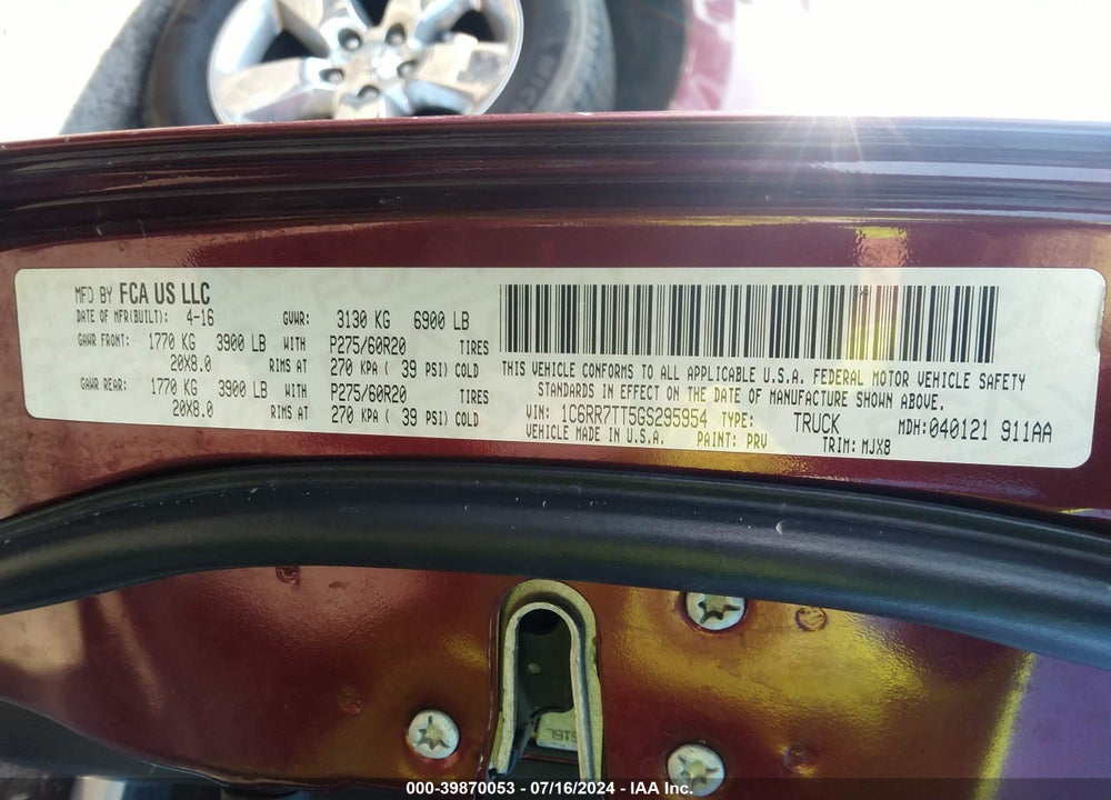 2016 RAM 1500 BIG HORN VIN: 1C6RR7TT5GS295954