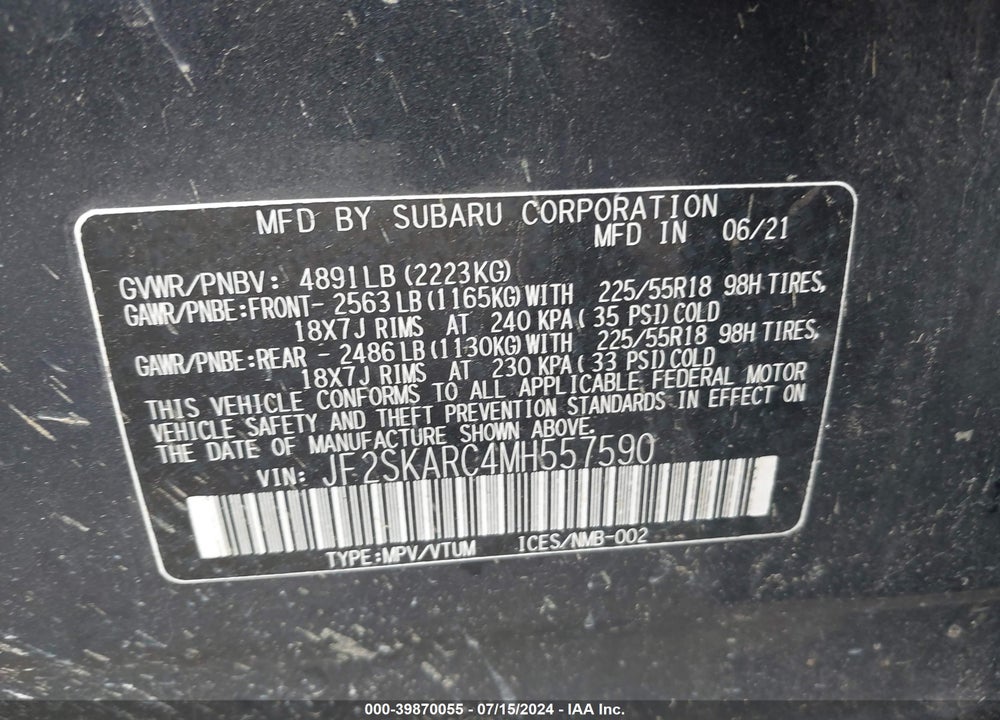 2021 SUBARU FORESTER SPORT VIN: JF2SKARC4MH557590
