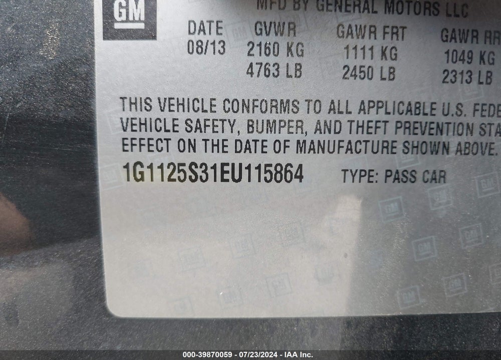 2014 CHEVROLET IMPALA 2LT VIN: 1G1125S31EU115864