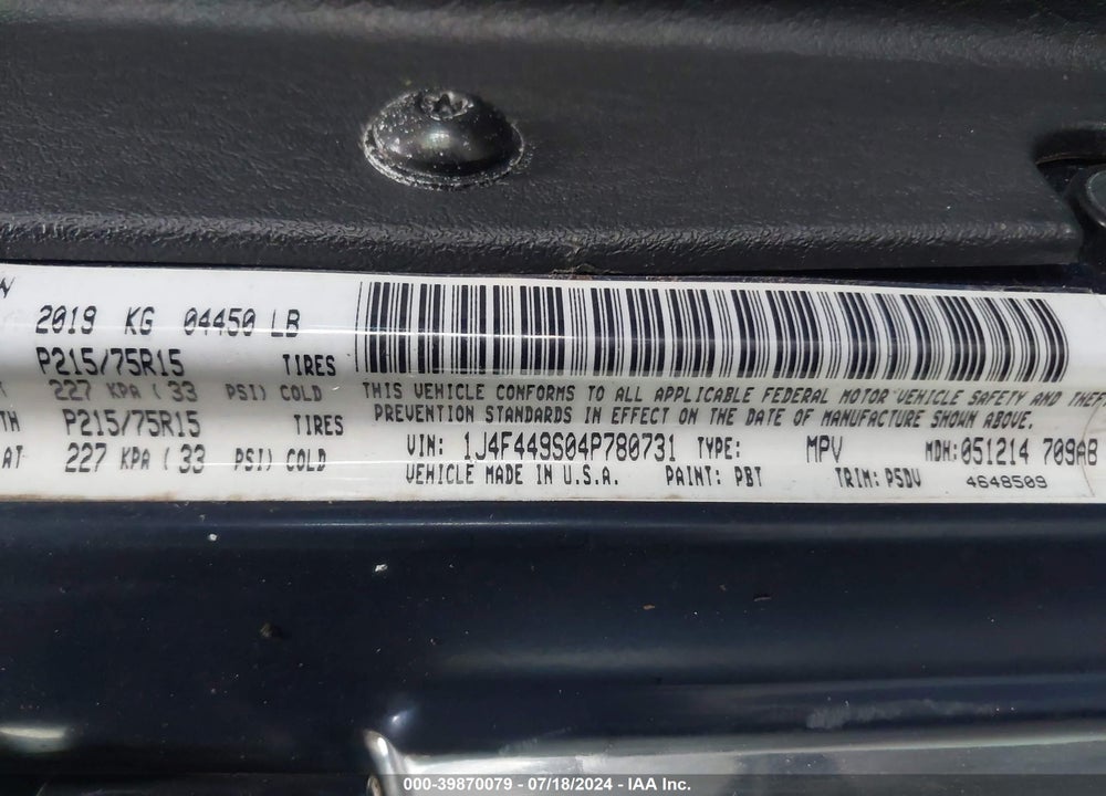 2004 JEEP WRANGLER SPORT RHD VIN: 1J4F449S04P780731