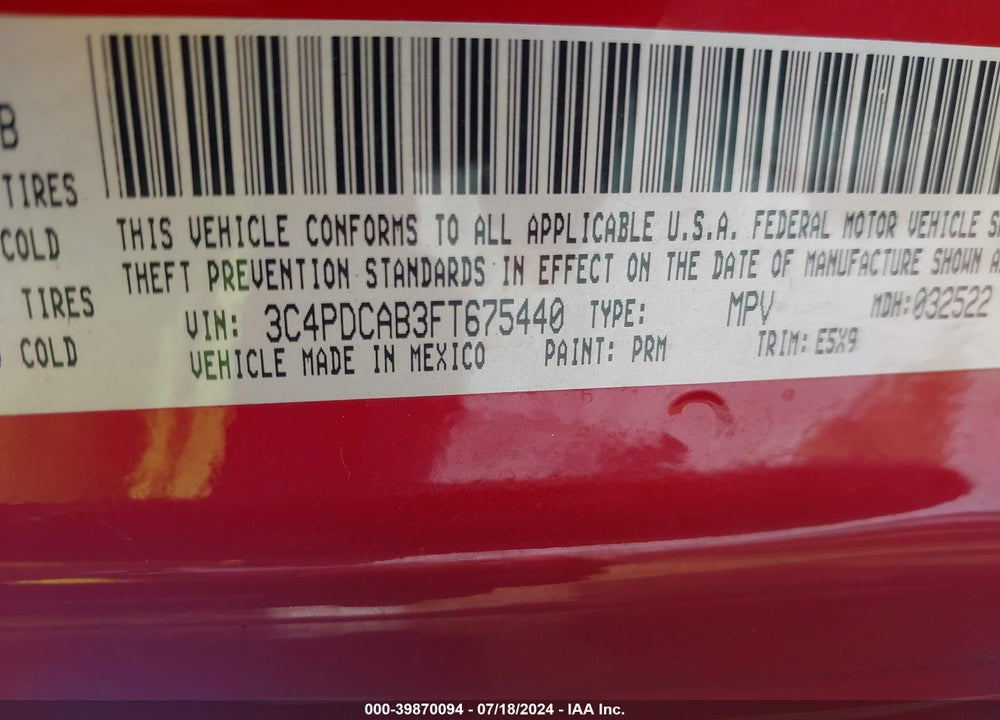 2015 DODGE JOURNEY AMERICAN VALUE PKG VIN: 3C4PDCAB3FT675440