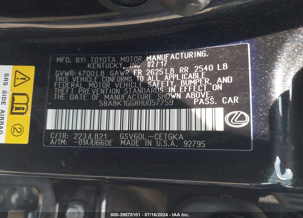 2017 LEXUS ES 350 VIN: 58ABK1GG8HU057759