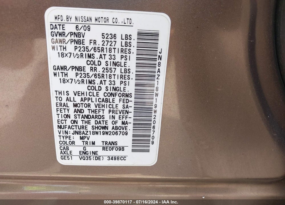 2009 NISSAN MURANO SL VIN: JN8AZ18W19W206709