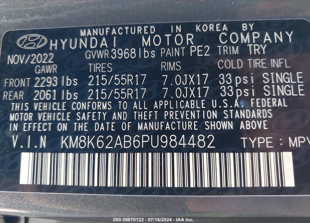 2023 HYUNDAI KONA SEL VIN: KM8K62AB6PU984482