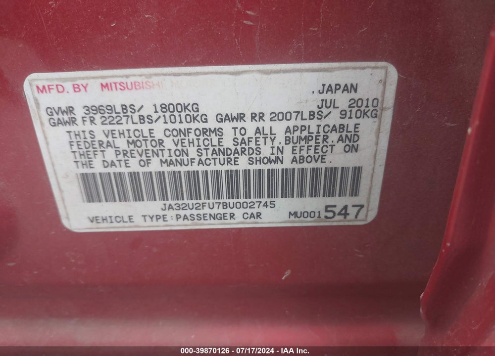 2011 MITSUBISHI LANCER ES/ES SPORT VIN: JA32U2FU7BU002745