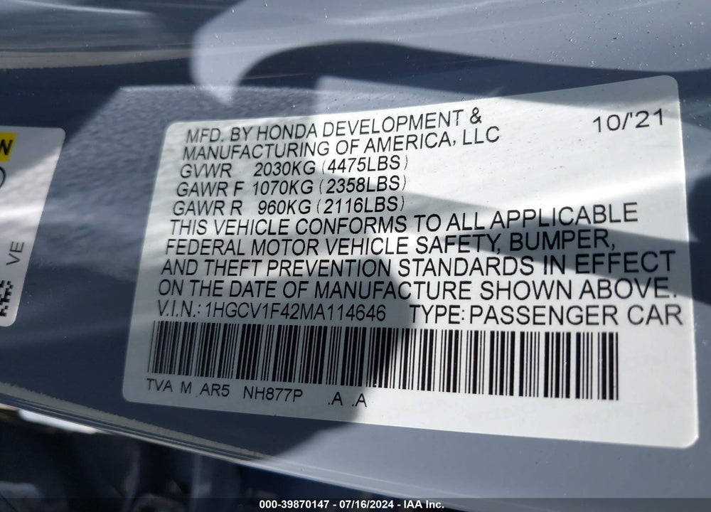 2021 HONDA ACCORD SPORT SPECIAL EDITION VIN: 1HGCV1F42MA114646
