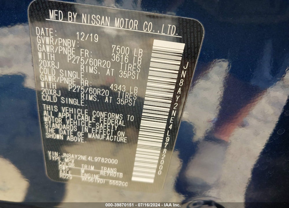 2020 NISSAN ARMADA PLATINUM 4WD VIN: JN8AY2NE4L9782000