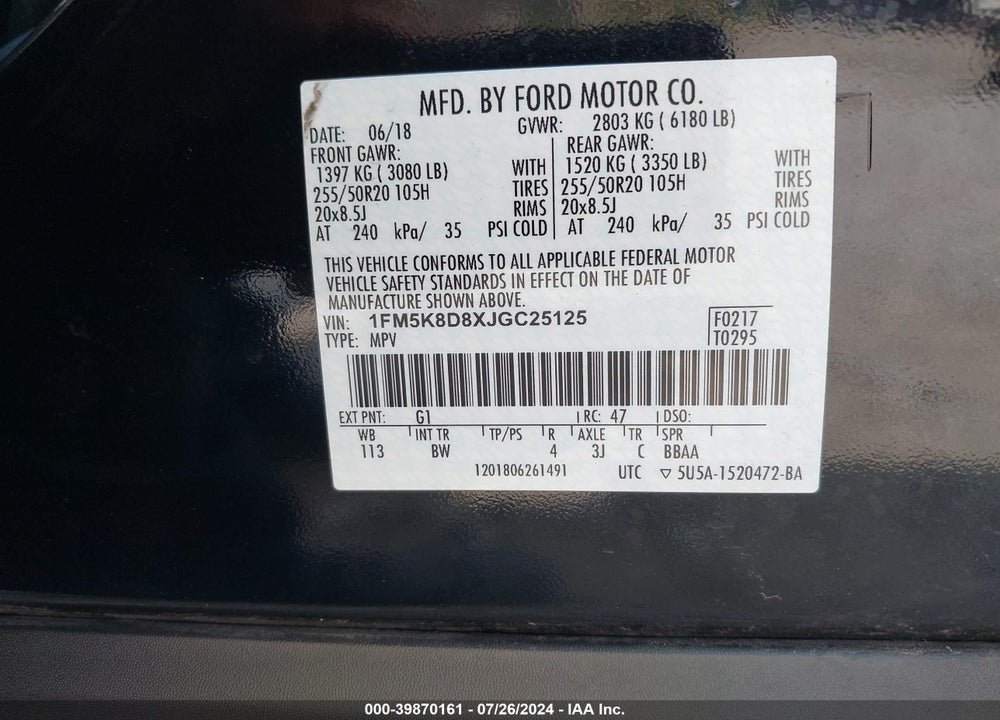 2018 FORD EXPLORER VIN: 1FM5K8D8XJGC25125
